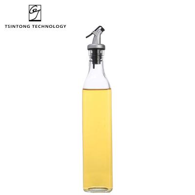 China Wholesale 500ml 17oz Luxury Modern Transparent Olive Oil Square And Vinegar Glass Bottle With Stainless Steel Spout And Labels For Kitchen for sale