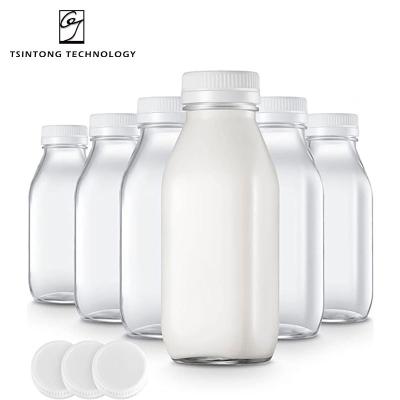 China Luxury Modern Wholesale Square Shape 500ml 17oz Milk Empty Fruit Juice Drink Container Glass Bottle With Plastic Cap for sale