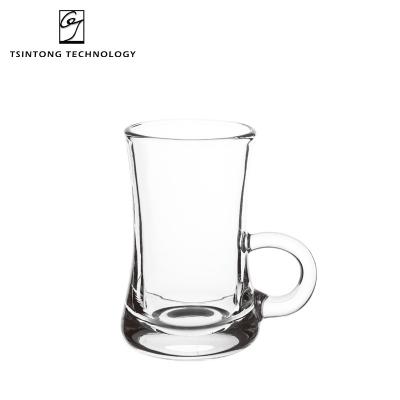 China 105ml 4oz Custom Modern Custom Curvy Clear Glass Hot And Cold Coffee Espresso Restaurant Drinks Cup Glass Mug With Handle for sale