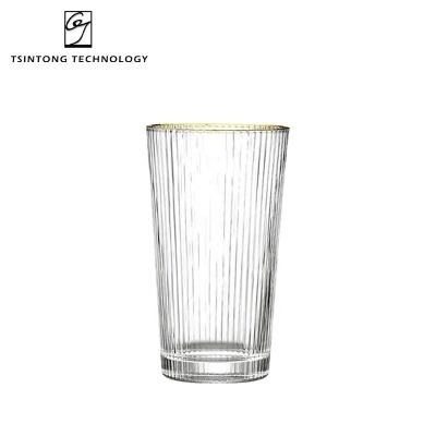 China Factory Gold Top 350ml 12oz Modern Style Vertical Stripe Rim Clear Glass Cup Tea Juice Cola Glass Mug For Home Bar for sale