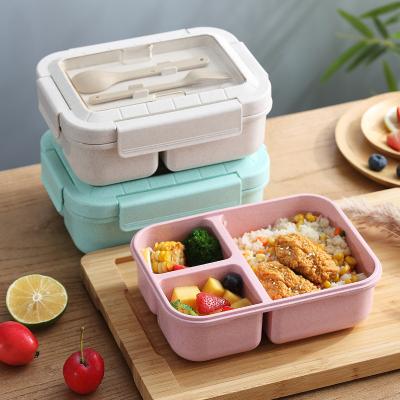 China 1.5L Large Capacity Wheat Straw Rectangle Lunch Box 3 Compartment Sustainable Bento Box With With Spoon And Fork for sale