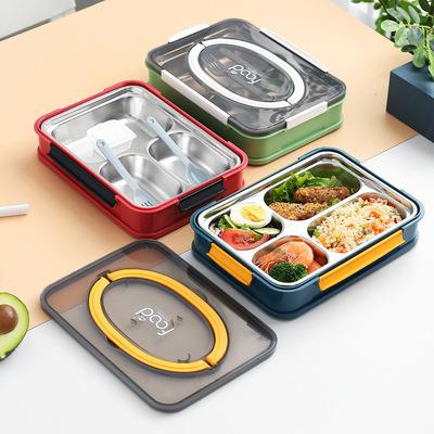 China 304 stainless steel sustainable 3compartment portable lunch box with spoon and bifurcating double wall food container with handle and phone holder for sale