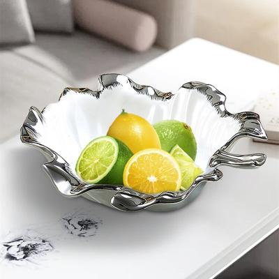 China Nordic Sustainable 4043 Porcelain Fruit Candy Dishes Designed Unique Silver Plated Ceramic White Leaf Shape Dish Dish for sale