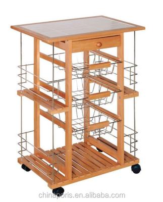 China 2017 Good Quality Wooden Factory Kitchen Trolley With Three Metal Wire Brackets / Ceramic Tile On Top With Drawer And Large Volume for sale