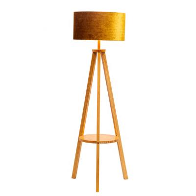 China Modern Decorative Carmine Tripod Floor Lamp With Small End Table And Gold Fabric Shade for sale