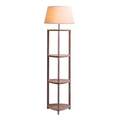 China Modern Home Decor Wooden Standing Floor Lamp With 4 Layers Shelf And Fabric Shade for sale