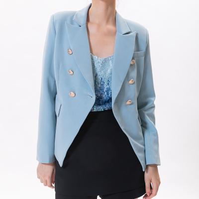 China Anti-wrinkle spring new fashion hot sale fashion women office suits gold formal buttons elegant ladies blazer light blue jacket for sale