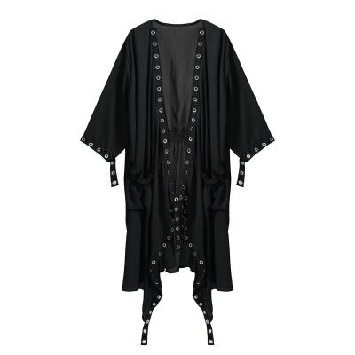 China Anti-wrinkle spring summer autumn women 3/4 sleeve casual wear cardigan jacket ladies black tassel eyelet causal maxi long for sale