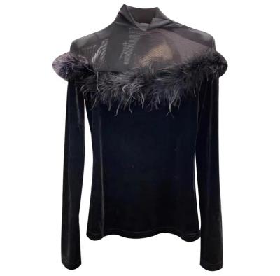 China Anti-wrinkle new arrival black sweatshirt mesh crop top women long sleeve clothing fur winter collar pullover top blouse for sale