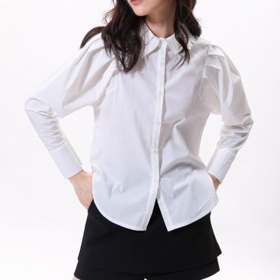 China Embroidery anti-shrink white collar cotton women autumn spring long sleeve ruffles top fashion new style clothing blouse for sale