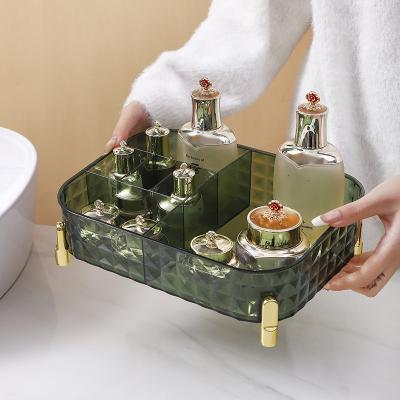 China Portable Portable Cosmetics Storage Box Divided Basket Vanity Organizer Bathroom Counter Dresser Makeup Organizer Tray for sale