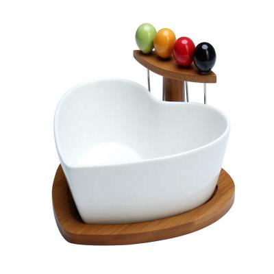 China Sustainable Heart Shape Wooden Ceramic Rack Salad Dessert Snack Fruit Bowl Dish With Forks for sale