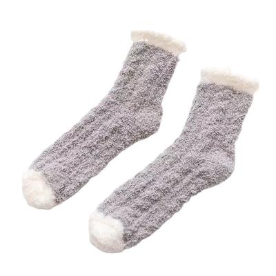 China Polyester Ft Solid Color Fuzzy Twist Coral Velvet Sleep Socks Thickened Mid-Tube Warm Home Booties Floor Socks for sale