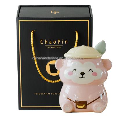 China Wholesale Minimalist Mug With Lid Spoon Animal Bear Shaped Lovely Cartoon Pink Souvenir Brown Coffee Ceramic Tea Cup for sale