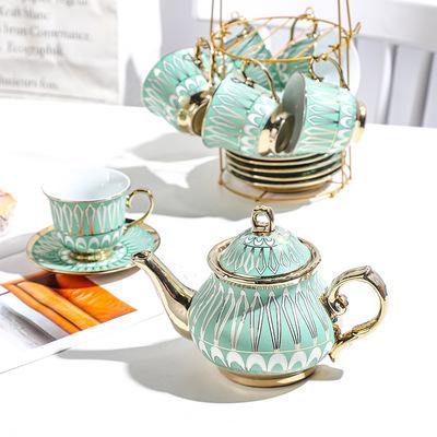 China Viable Wholesale 14Pcs Teapot Set Creative Arabic Ceramic Tea Cup Set Tea Cup And Saucer With Shelf for sale