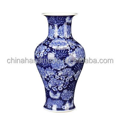 China (1320 degree) Chinese style white blue decorative high temperature fired home decoration porcelain hotel ornament flower vase handmade luxury ceramic table top for sale