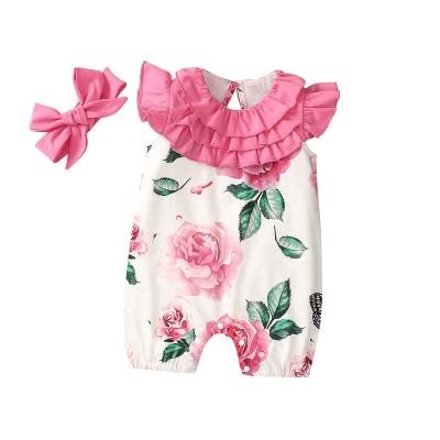 China Newborn 100% Cotton Baby Rompers Summer Flower Headband Baby Boutique Casual Wholesale Cotton Romper for sale