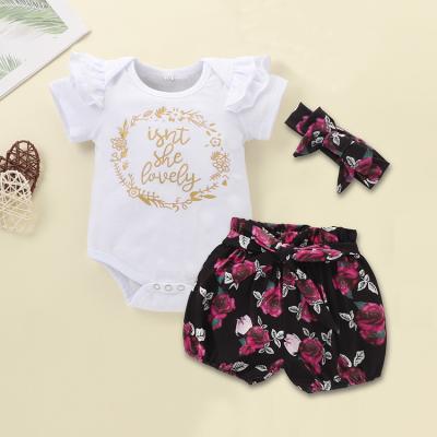 China Matching Clothing Set Wholesale Summer Shorts Sleeves Babies' Rompers Set Small Short Floral 3-Piece Clothing Suits Set For Baby for sale