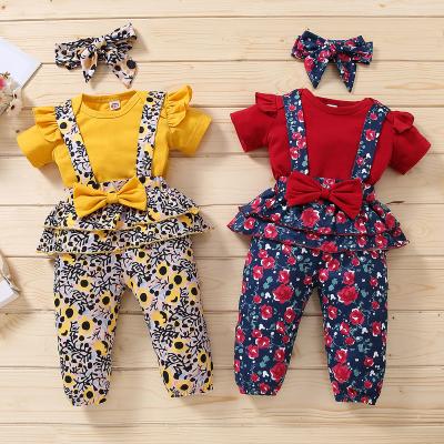 China Red Matching Dressing Set Flower Romper And Panty Set 2 Piece Fashion Boutique Clothing Summer Ruffle Overalls Kids Dressing Sets for sale