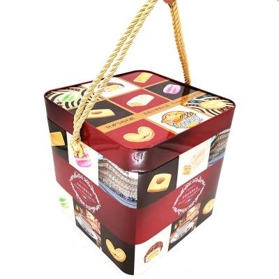 China Wholesale Materials Food Grade Custom Print Cookie Packaging Recycled Metal Cookie Tin Square Box Large With Rope Handle for sale