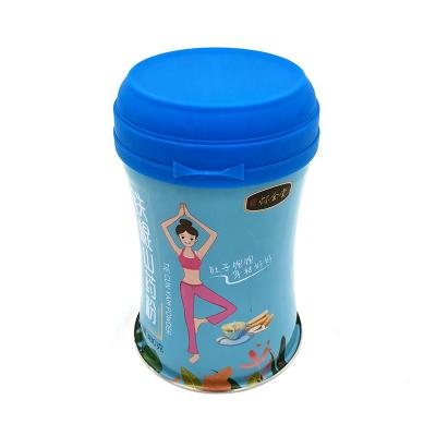 China Hot Selling Special Shape 380g Slim Size Shaped Protein Powder Tin Can With Plastic Spoon And Peelable Foil for sale