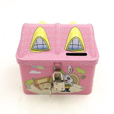 China Materials Factory Directly Recycled Metal Room Shape Kids Holiday Promotion Gift Money Saving Tin Box With Lock for sale