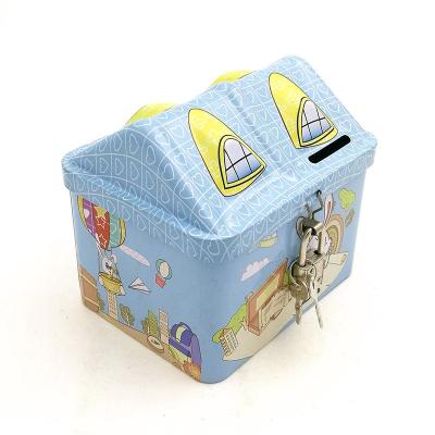 China Special Shape Hotsale Custom Cartoon Printed Gift Money Bank Tin House With Lock And Key for sale