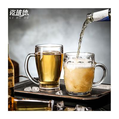 China Sublimation Fancy Huge Clear Glass Beer Mug 560ml Capacity Beer Glass Mug With Handle Craft Beer Glass for sale