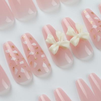 China HOT Selling 3D Light Pink Coffin Medium Shape Design Gold Glitter Ballerina Fake Nails Press On Nails for sale