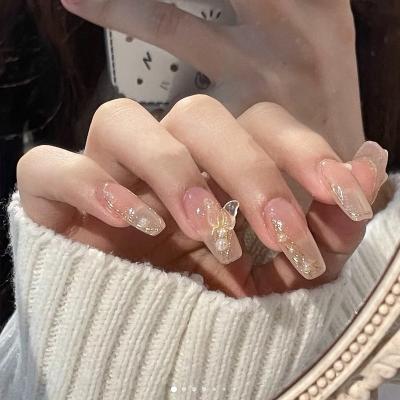 China Ice Pearl Butterfly Design Long Ballerina Acrylic Nails Translucent False Design Artificial Nails Press On Nails for sale