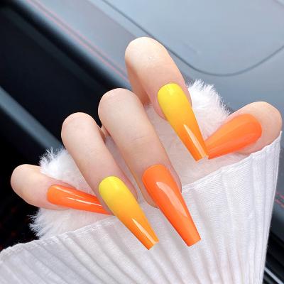 China Design Summer Tangerines Orange Gradient Effect Long Ballet Coffin Shape Fake Nails Press On Nails Artificial Nails for sale