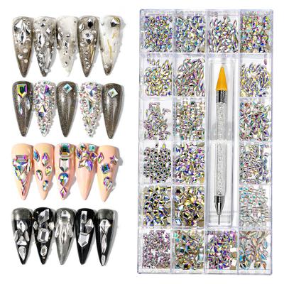 China Hot-selling Nail Art Decorations Crystal Rhinestones Shiny Glass Wax Pen Set Tool ab Nail Art Mixed Sizes 1440pcs 21Grids Flatback HotFix Finger Nail for sale