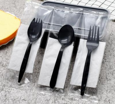 China Viable Viable Disposable Plastic Cutlery Set With Napkin Knife Fork Spoon Napkin OPP Package Paper Black for sale