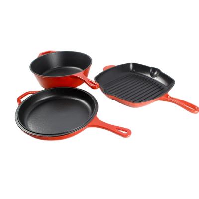 China Hot Viable Selling Three Pieces of Cookware Red Enameled Fry Cast Iron Cooking Pan Set Non Stick for sale