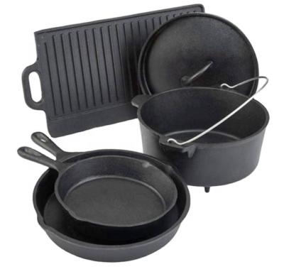 China Outdoor Fire Camping Cookware Set Pre-Seasoned Cast Iron Dutch Oven Set For BBQ for sale