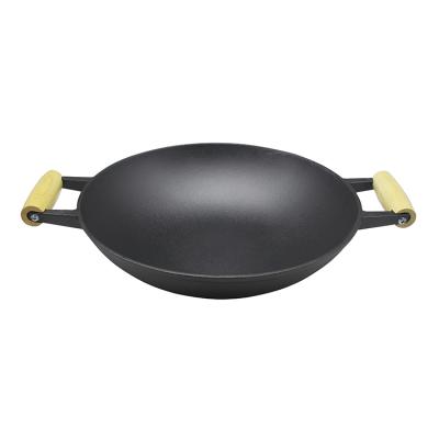 China Guaranteed Viable Quality Price Suitable Black Cast Iron Commercial Wok Pan Wooden Handle for sale