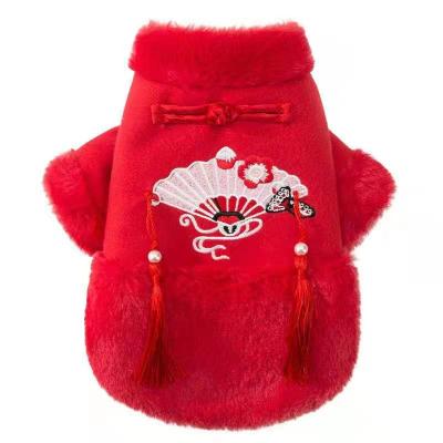 China Viable Red Embroidered Puppy Teddy Plush Biped Coat Autumn And Winter Dog Clothes for sale