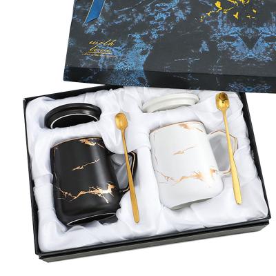 China Agriculture Top Selling Gift Package Couples Coffee Mug Set Ceramic Mug With Spoon And Lid 300-400ml for sale