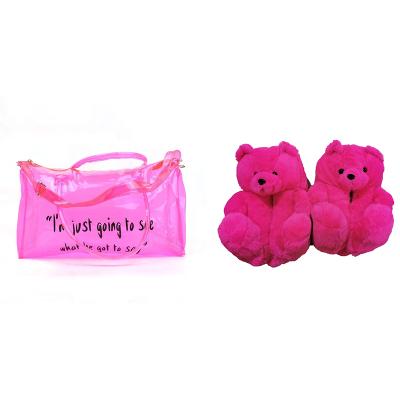 China 2021 Fashion Trend Indoor Lady's Plush Indoor Lady's Bedroom Women's Plush Teddy Bear Slippers Custom Made With Matching Spend Da Night Bag for sale