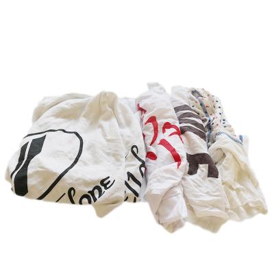 China Mixed Apparel Used Industrial Clothes Cleaning Mopping White Printed T Shirt Rags HFT02-P for sale