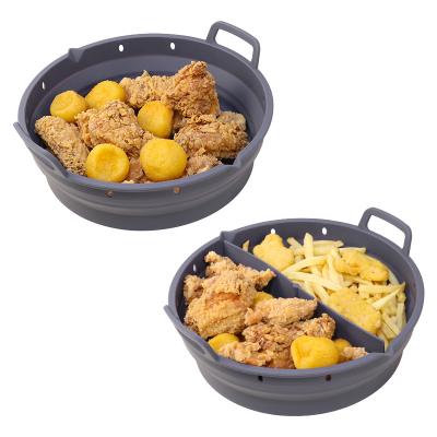 China Non Stick Sustainable Reusable 2pcs 8.5 Inch Silicone Pot Set Collapsible Round Shape Folding Mold Air Fryer Liners With Divider for sale