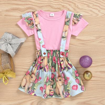 China 2022 Sweet Wholesale Easter Pink Ruffle Sleeve Bunny Print Skirt Set 2 Pieces Girls Dresses Children for sale