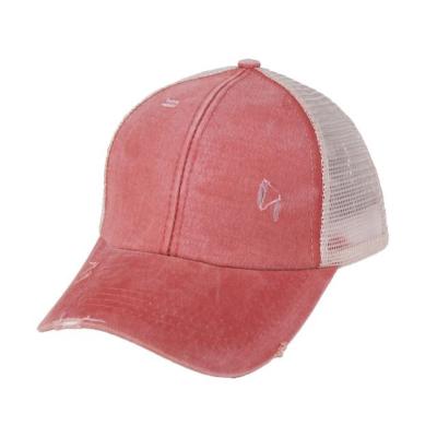 China breathable & Waterproof Popular Monogram Washed Cotton Distressed Sports Baseball Hats Bun Messy Ponytail Hat for sale