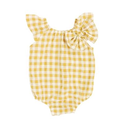 China Hot Selling Baby Clothes Romper Babies Jumpsuit Floating Sleeves Checked Rompers With Bow Tie for sale