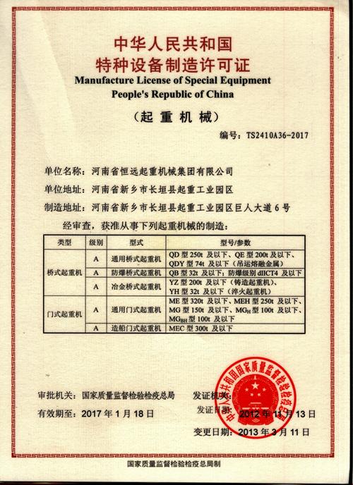 Manufacture License of Special Equipment People's Republic of China - Henan Hengyuan Crane Machinery Group Co., Ltd.