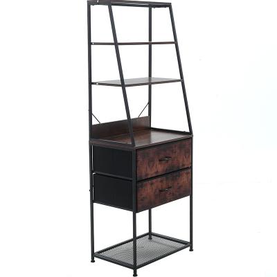 China Traditional Shelving Unit With 2 Drawers 4 Tier Ladder Shelf Wood Utility Shelves With Metal Frame for sale