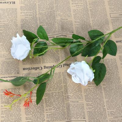 China Velvet fabric + plastic VF-080 Hot sale Artificial Flowers Roses Velvet Flower single Stem 2 flower heads Rose for wedding home decoration for sale