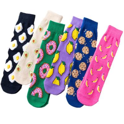 China Viable Women Bangs Funny Cute Cartoon Fruits Happy Banana Avocado Lemon Egg Cookie Donuts Food Harajuku Japanese Skateboard Socks for sale