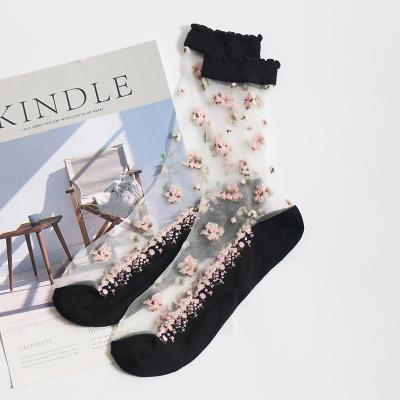 China Ultra Thin Breathable Summer Women Socks Viable Female Sox1 Pairs Transparent Lace Up Silk Socks Crystal Rose Flower Girls Elastic Short for sale