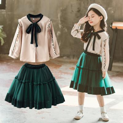 China Fashion Princess Clothing Set Girls Bow Blouse And Solid Lace Skirt Girl Set Spring Autumn Girls Fashion Clothing Sets for sale